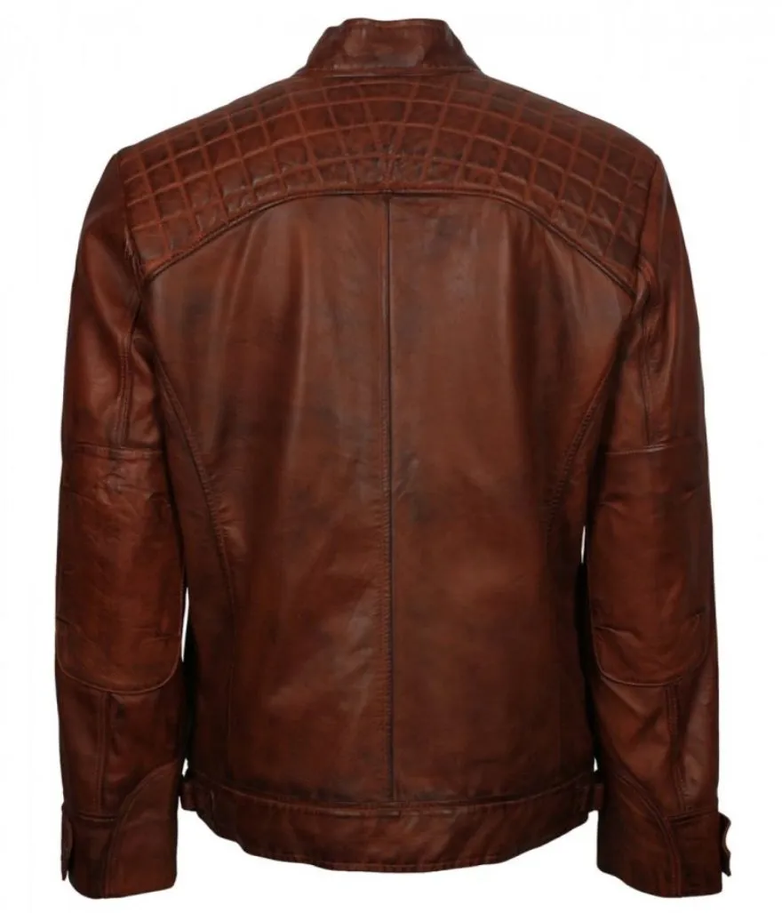 Brown Cafe Racer Jacket Distressed Quilted Shoulders