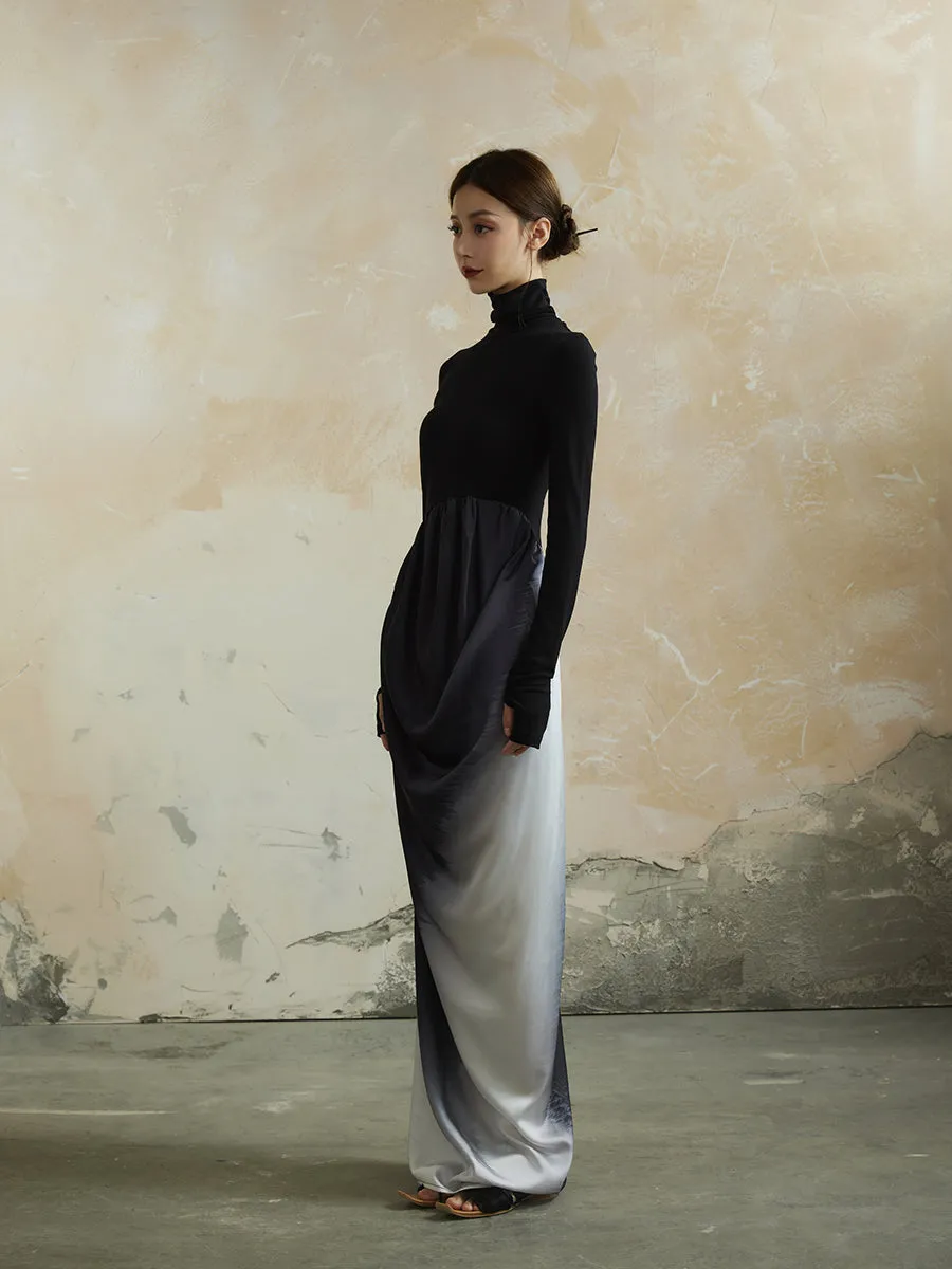 Knit Gradation Drape High-Neck Mix Elegant One-Piece