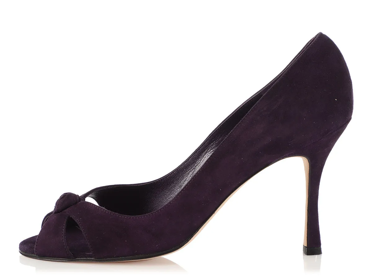 Manolo Blahnik Raisin Suede Peep Toe Pumps