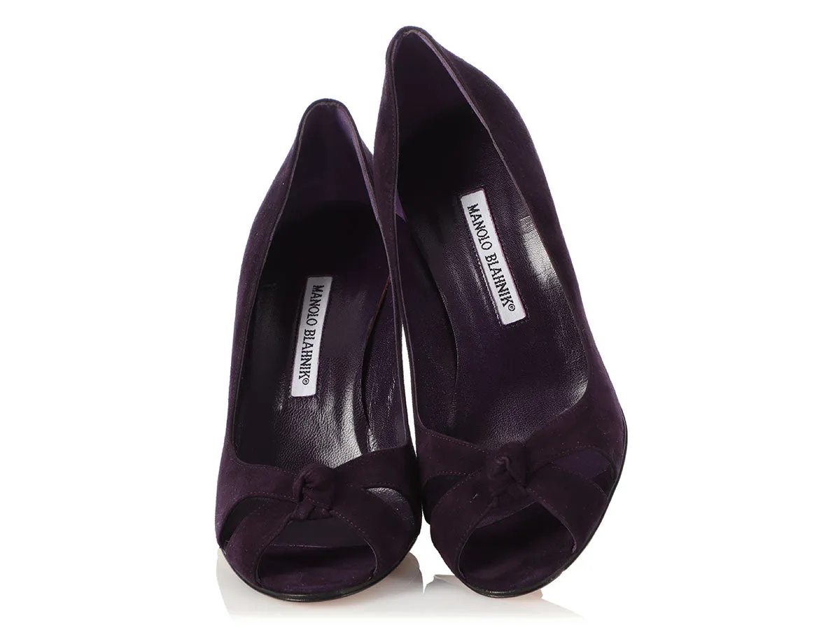 Manolo Blahnik Raisin Suede Peep Toe Pumps