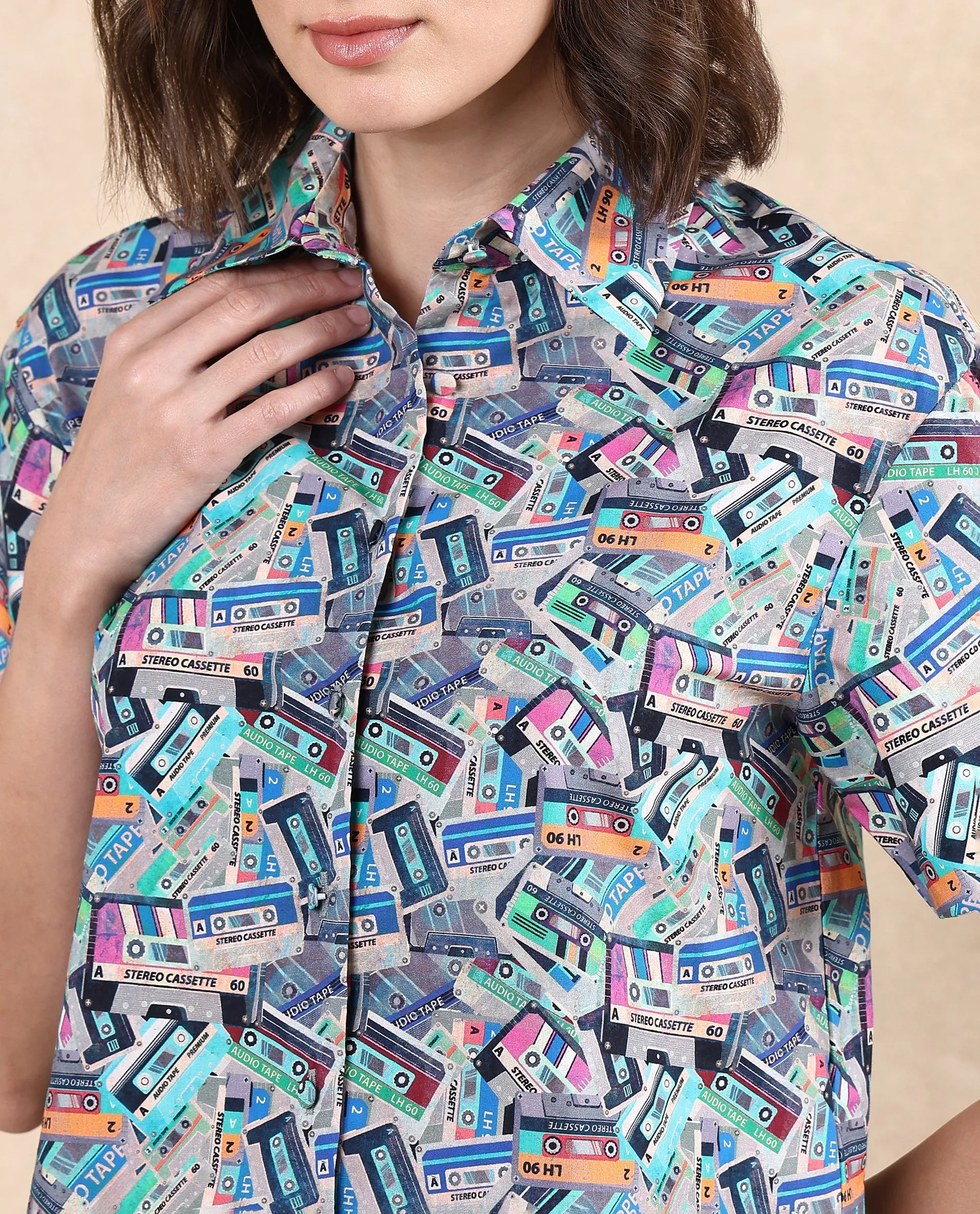 Rareism Women Bhx Multi Poplin Fabric Short Sleeve Collared Neck Button Closure Regular Fit Object Print Shirt