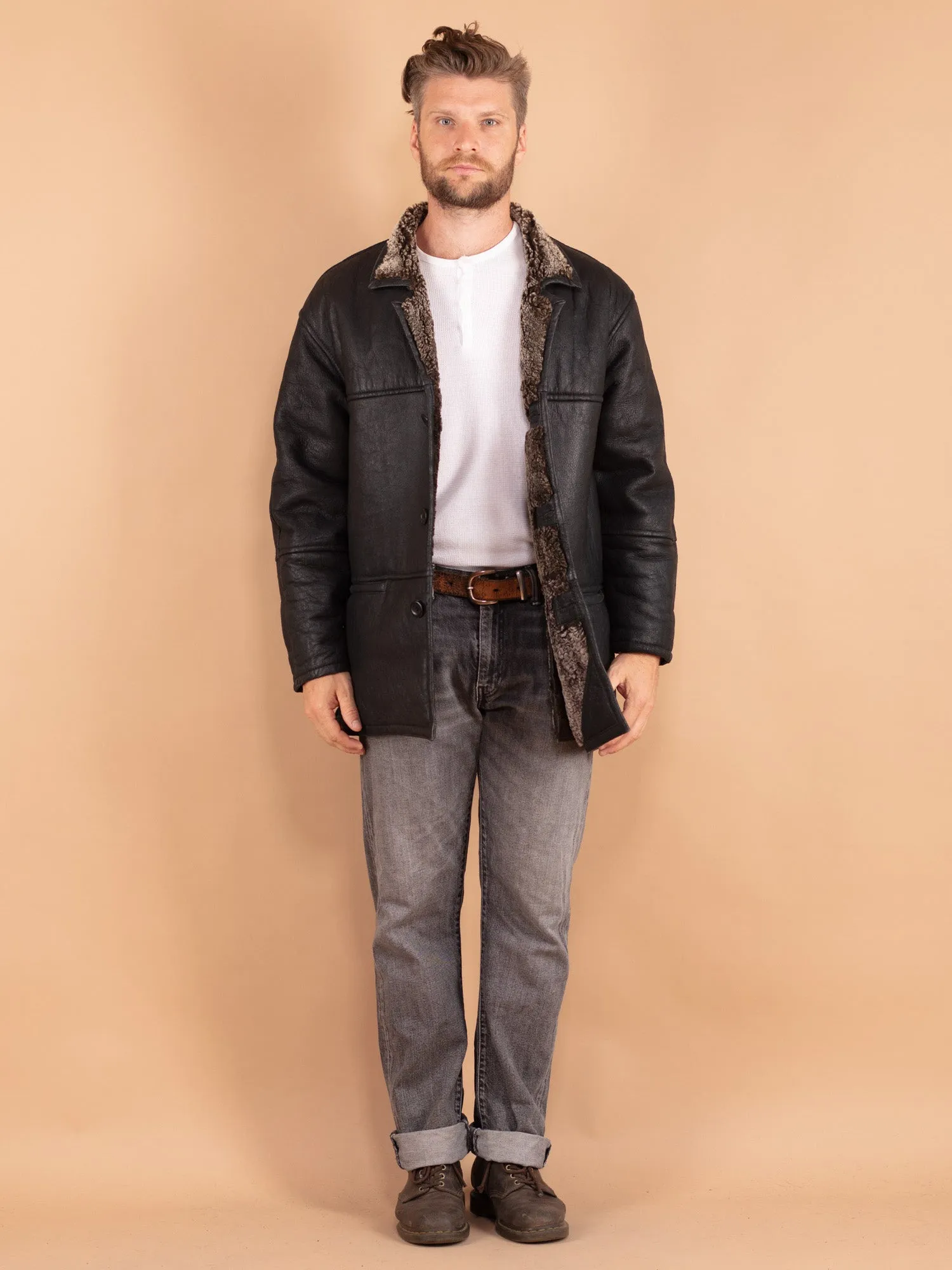 Vintage 80's Men Sheepskin Coat in Black